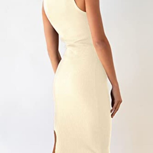 Midi Bodycon Dress Ribbed Knit Sleeveless Side Slit Cut Out Chic - Picture 5 of 8